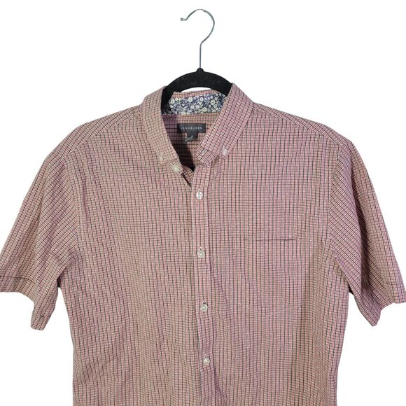 Van Heusen Mens Sz M 15 Red Blue Plaid Short Sleeve Button Down Shirt - Picture 9 of 11